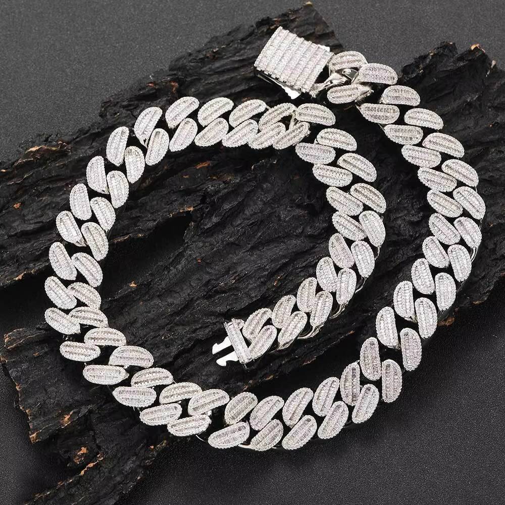 20mm Baguette Two Rows T Shape Bling Moissanite Gold Plated Cuban Necklace 925Silver Curb Link Chain for Wedding Gift Hip