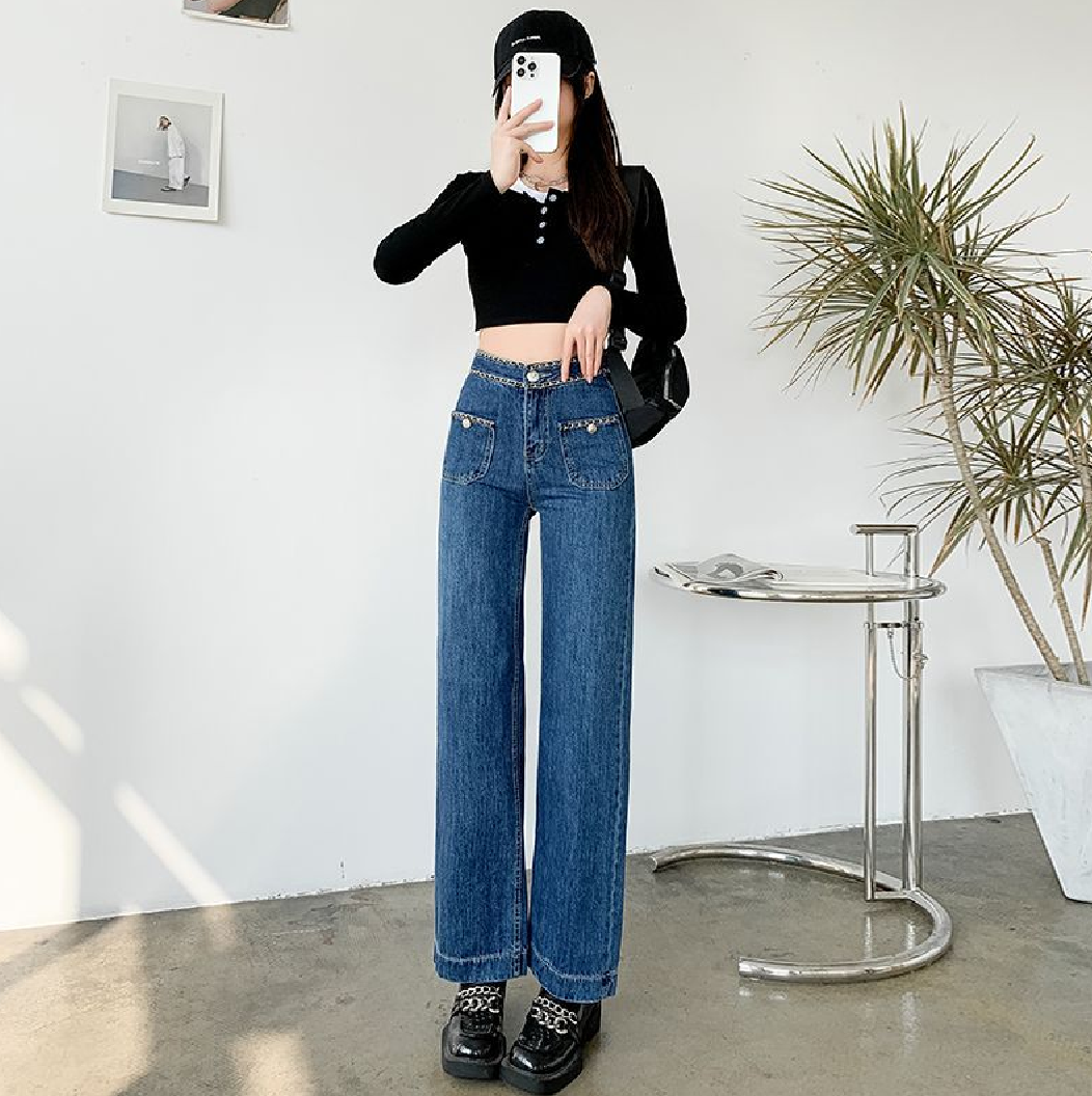 New desig women high waist chains patchwork denim jeans straight long pants trousers SMLXL