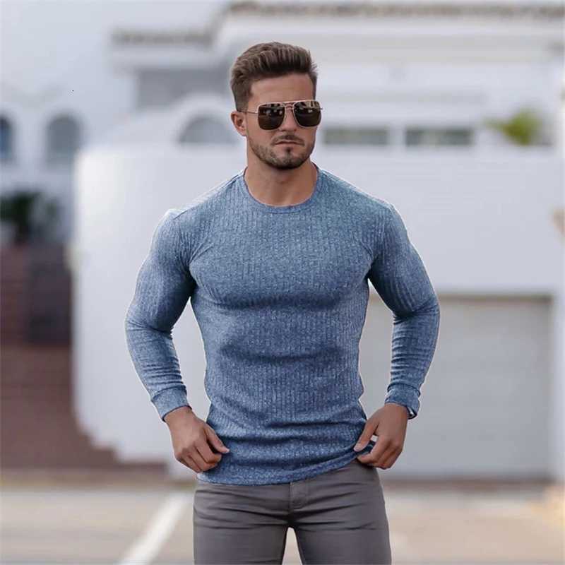 Spring Fashion Oneck Sweaters Men Elasticity Strips Knitted Pullovers Men Solid Sports Sweaters Male Autumn Slim Fit KnitwearZ250918