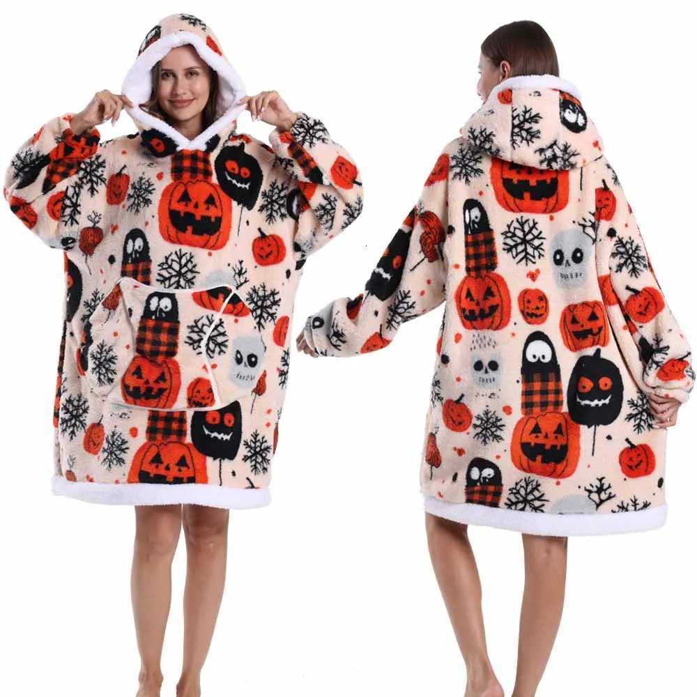 Halloween Winter Women Pumpkin Skull Warm Anime Hoodie Blanket Oversize Pocket Couple Loose Sweatshirts Mens Graphic HoodiesZ250918