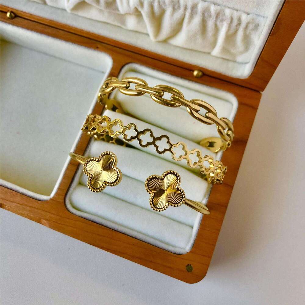 Stainless Steel gold Open Adjustable Hollow Clover Laser Flower Bracelet ddmypluto