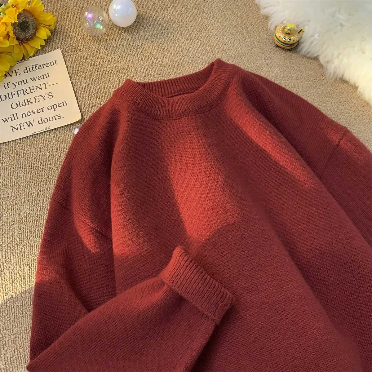 Sweater mens winter loose and lazy style retro thread jacket simple inner layer base knit sweaterZ250918