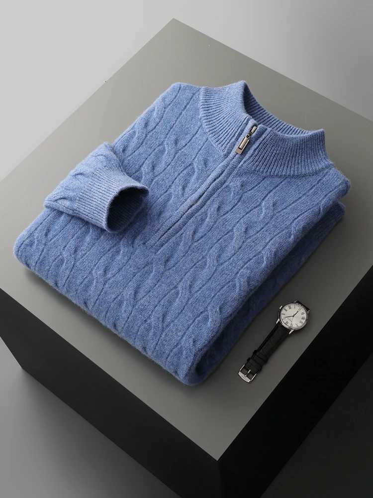 Autumn Winter Men Half Zippers 100 Merino Wool Sweater Thicken Twist Flower Pullover Retro Casual Cashmere Knitwear Solid TopsZ250918