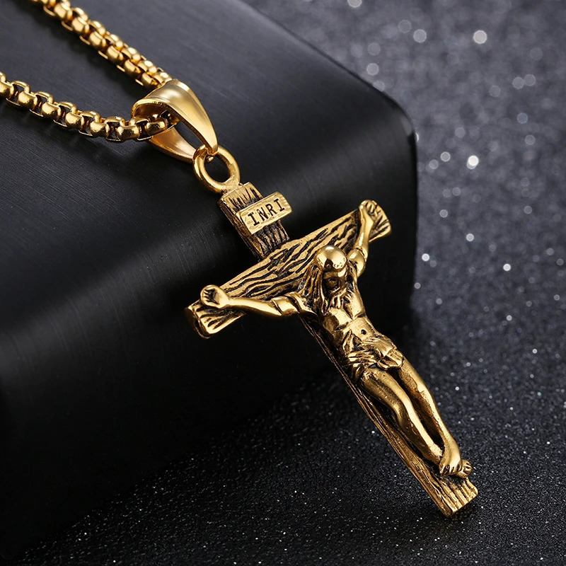 Religious Jesus Cross Stainless Steel Necklace For Men Fashion Gold Silver Color Cross Pendent With Chain Necklace Jewelry Gift 250917