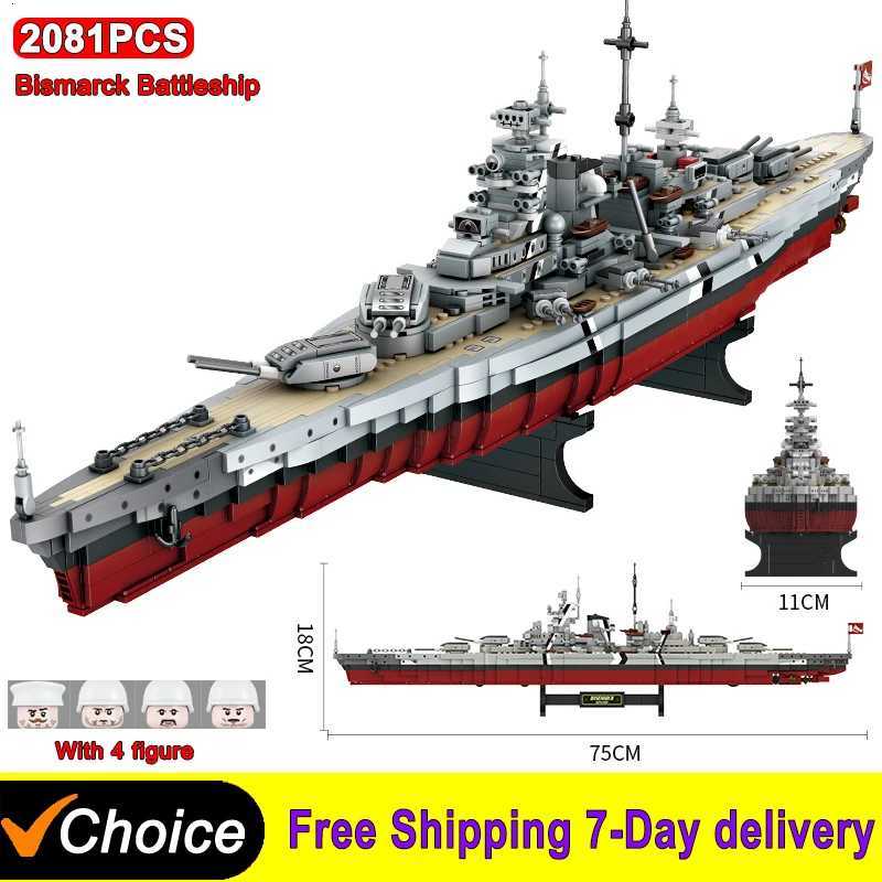 2081pcs Military WW2 Bismarck Battleship Large Boat Cruiser Model Weapon Building Blocks MOC Warship Set Toys for Children GiftsZ250918