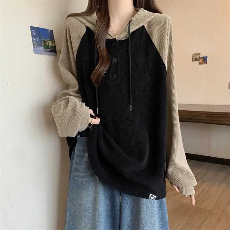 Women Clothing Fashion Casual Long Sleeve Hoodies Spring Autumn Loose Lazy Style Top Tee Office Lady Button Patchwork PulloverZ250918
