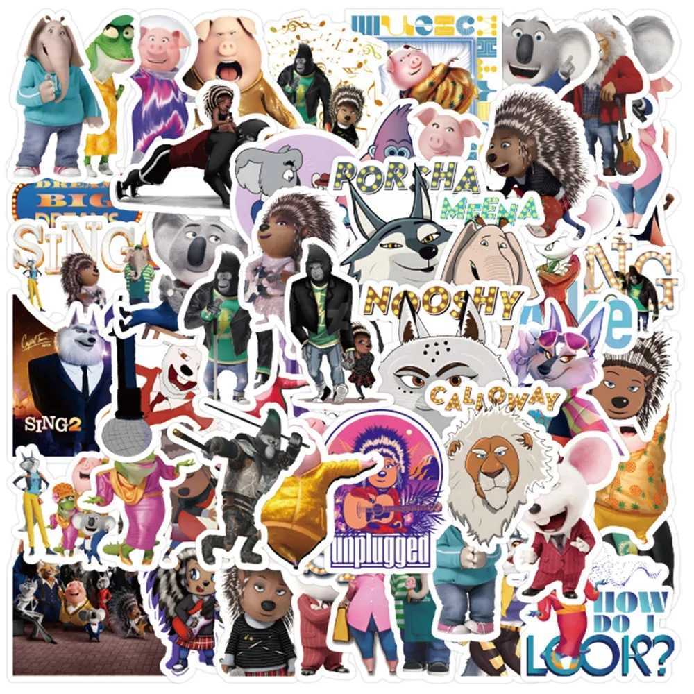 50pcs Sing 2 Movies Stickers Buster Moon Cartoon Sticker Laptop Skateboard Guitar Phone Notebook Car Bike Kid Decal Toys C250918