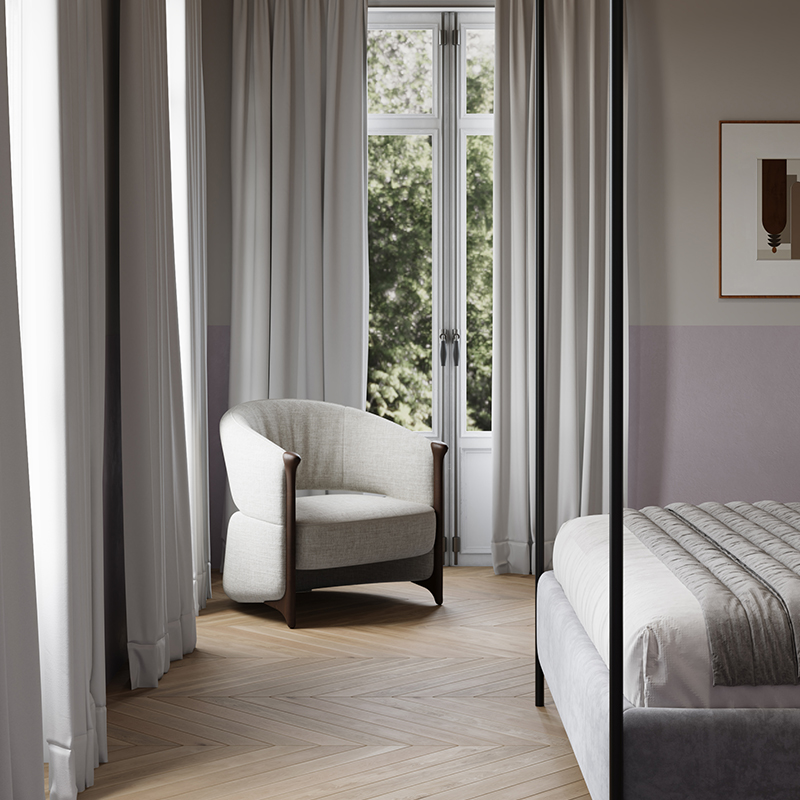 Living Room Furniture Mid - Century Modern Beige Upholstered Swallowtail Lounge Chair with Wooden Arms, Ideal for Home Reading Corners