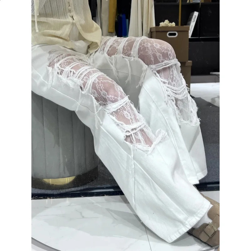 Washed Ripped Lace Denim Jeans for Women Street Straightleg Loose Wideleg American Style Long Pants Z260313
