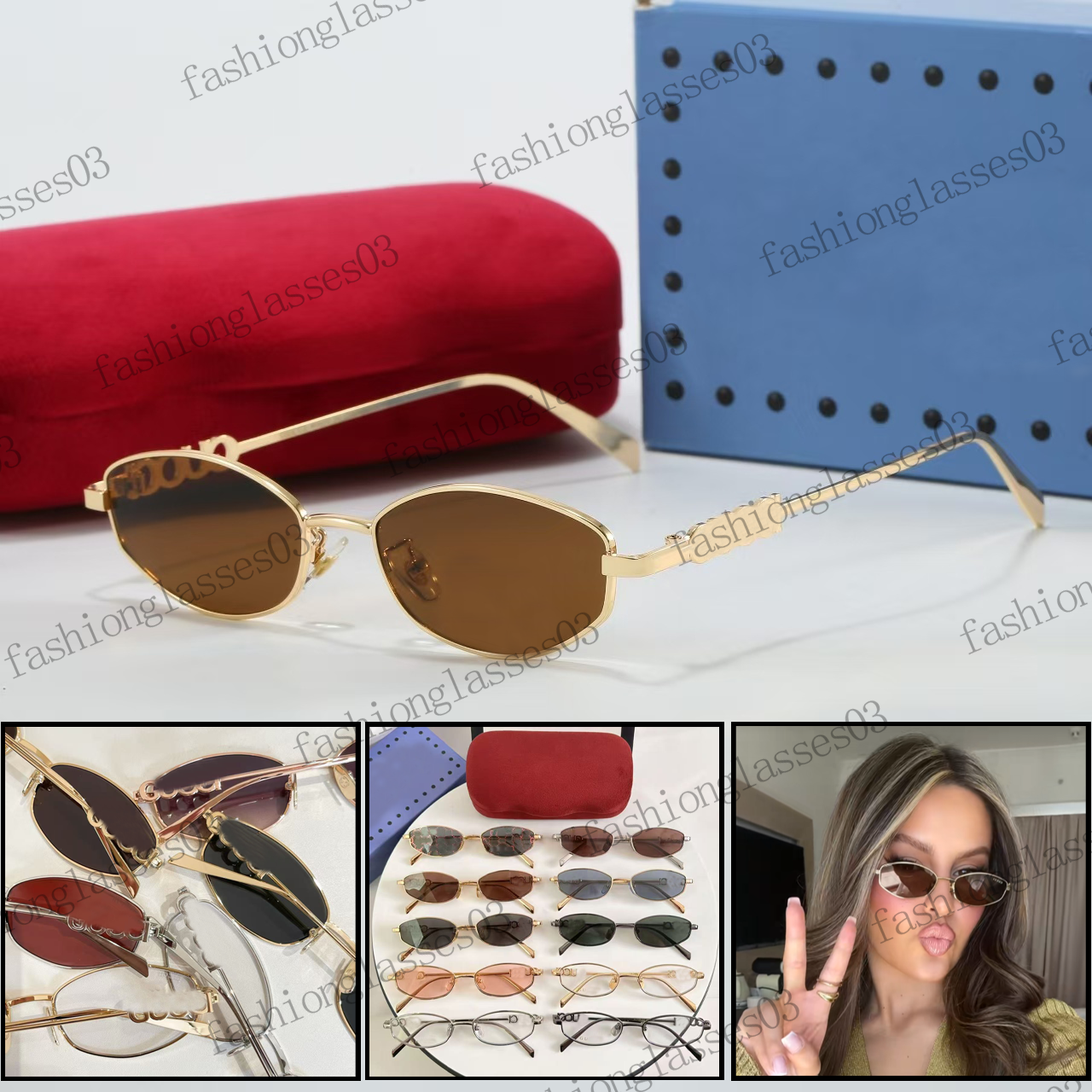 Designer Oval sunglasses Gold-tone metal frames Tinted lenses Crystal detailing Hollow Men's Women's sunglasses