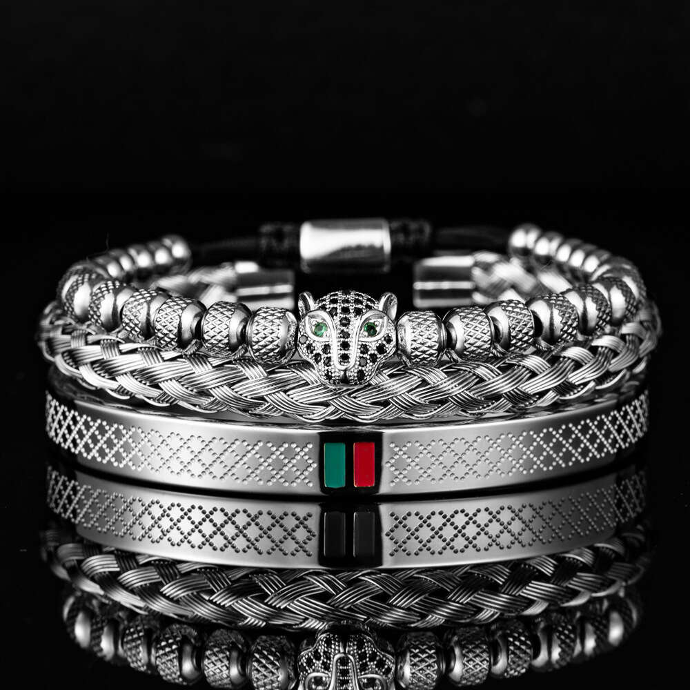 Micro Inlaid Leopard Head Bracelet Set Stainless Steel Red Green Striped Bangle