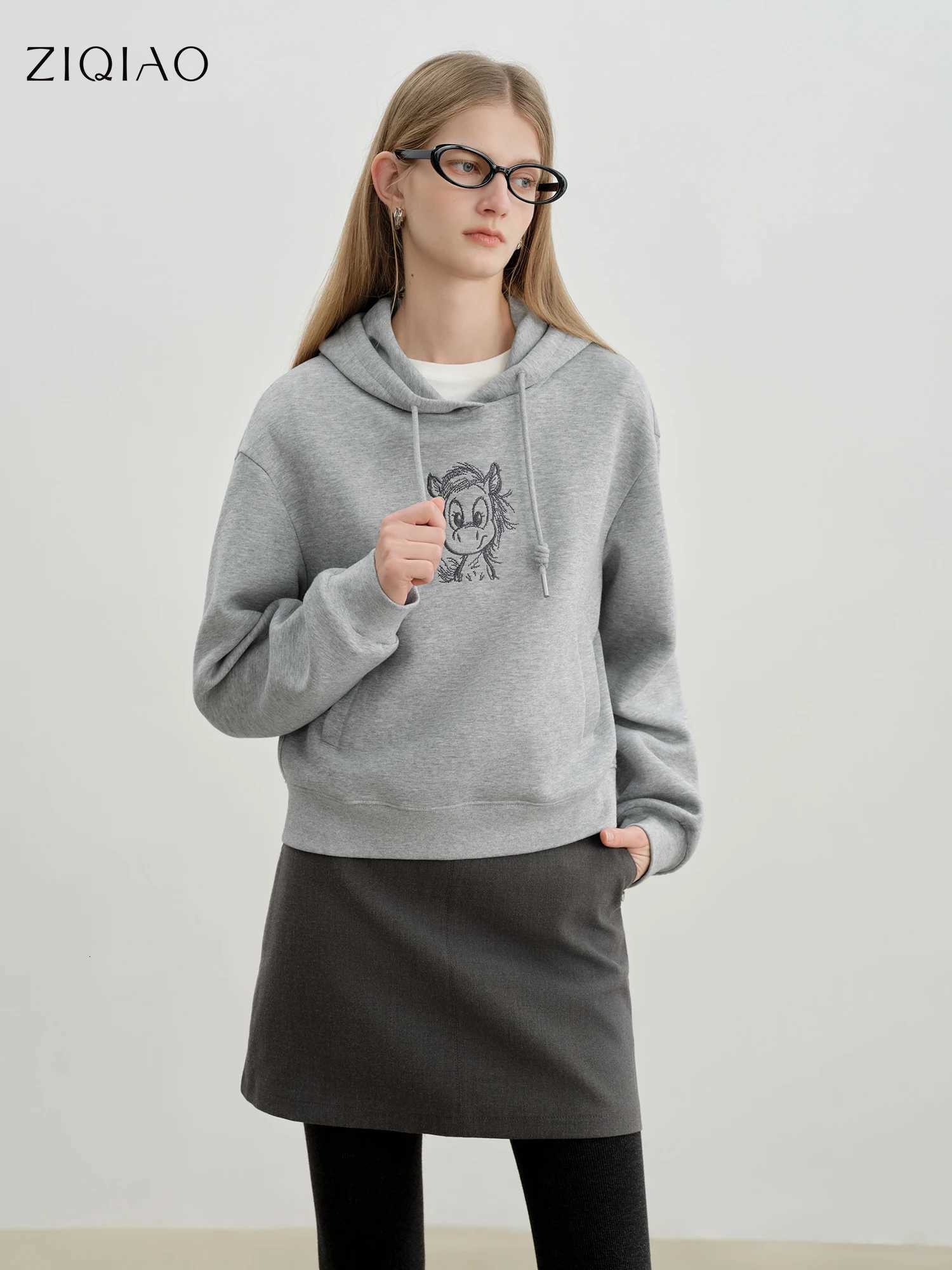 ZIQIAO Autumn Winter 2025 Womens Gray Hooded Sweatshirt Korean Style Embroidery Long Sleeve Pullover Top Casual Comfort FitZ250918