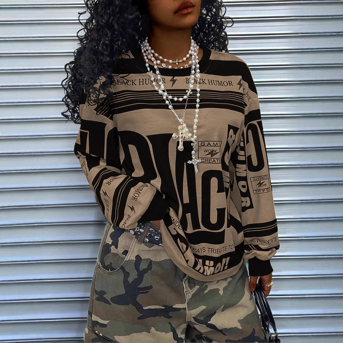 Women's Fashion Trendy Style Long Sleeve Sweatshirt with Letter Print Loose Pullover