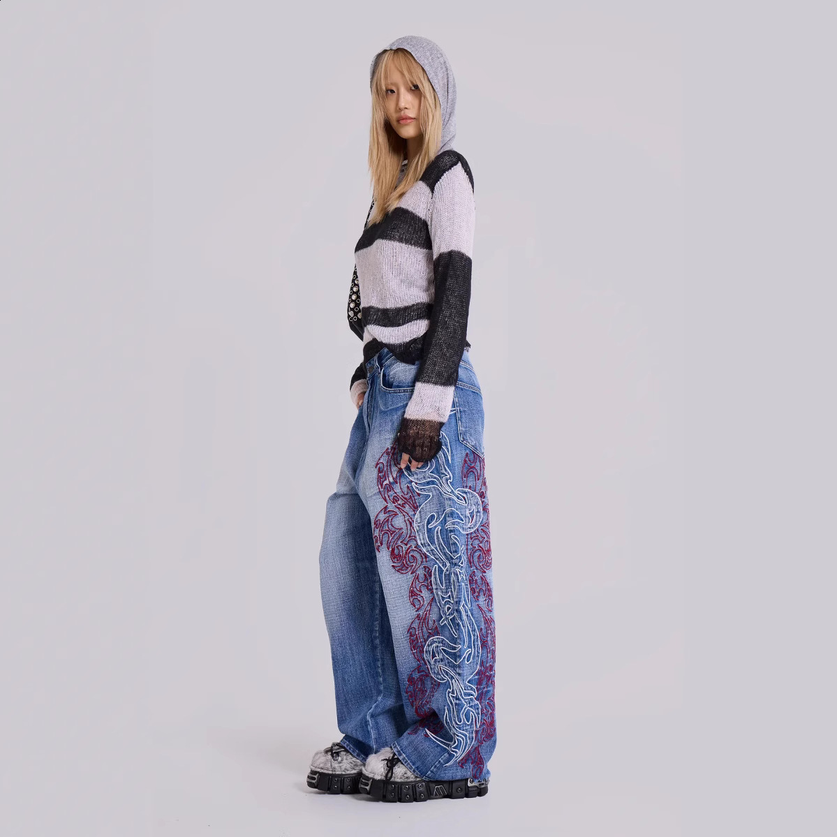 Y2K Embroidery Design Sense Jeans Washed Street Style Hot women and man Wide Leg Pants Loose Long Pants Trendy