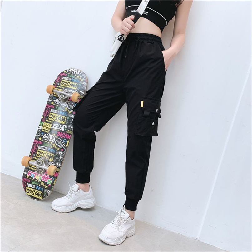 Black Cargo Pant Casual Joggers High Waist Loose Female Hip Hop Trousers Korean Punk Funny Streetwear Femme 250917