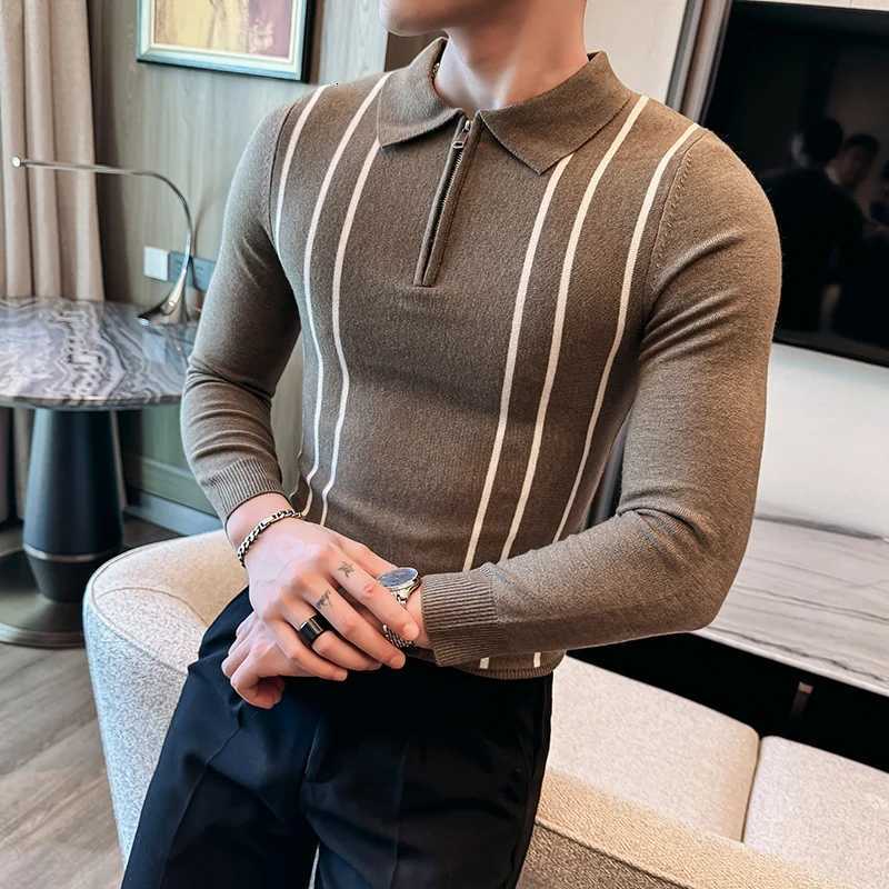 2024 Autumn Winter New Striped Sweater For Men Fashion Zipper Flip Collar Knitted Polo Shirt Mens Long Sleeve Slim Casual PullZ250918