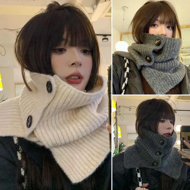 Wen Solid Color Buttons Scarf Winter Woolen Knitted High Neck Covers Shl Windproof Girls Warm Snood Scarves Y250918