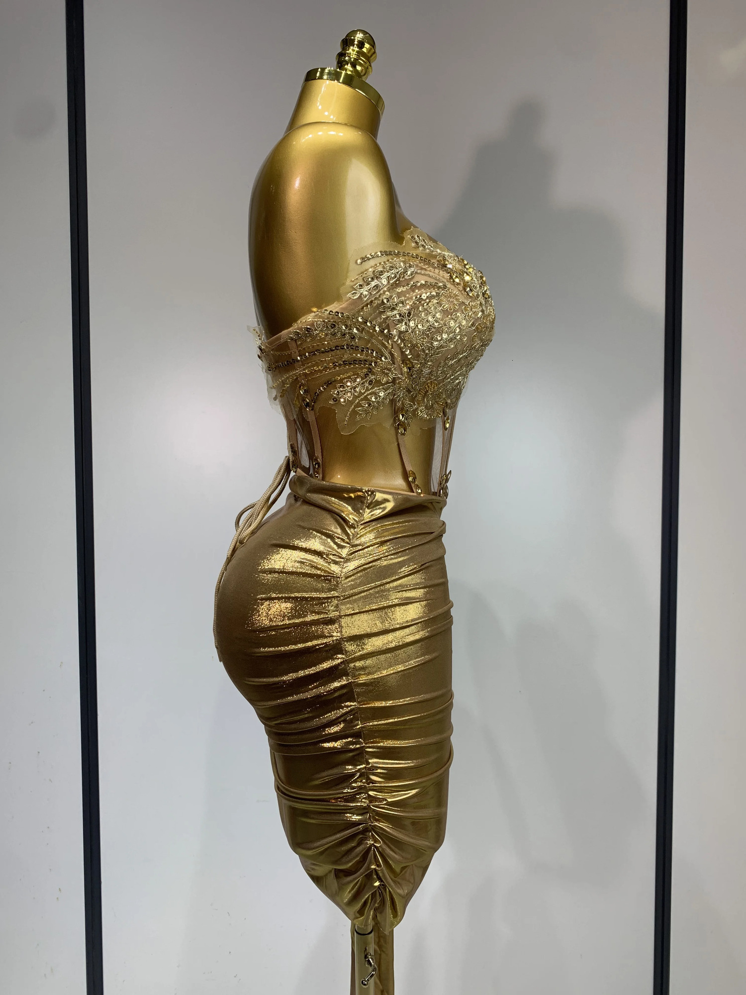 Women Sexy Strapless Sequins Rhinestone Gold Dress Glitter Top Two Pieces Sets Birthday Evening Party Club Singer Stage Outfit 250917