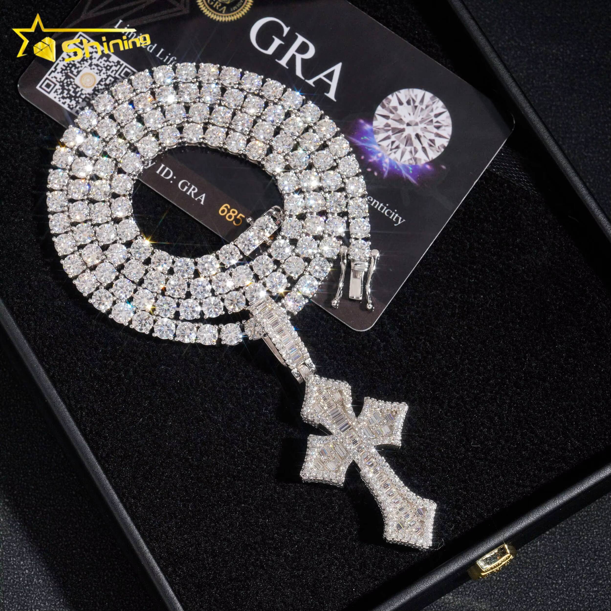 Wholesale Luxury baguette Diamond Pass Diamond Tester 925 Silver Hip Hop Iced Out Vvs Moissanite Cross Pendant