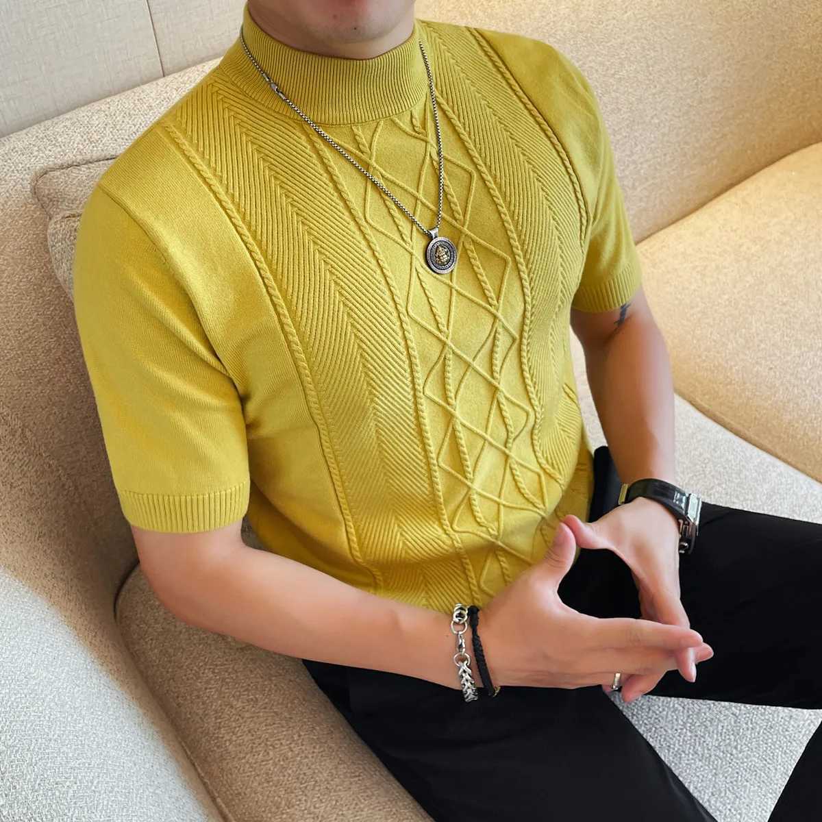 Jacquard Weaving Sweater Man Clothing Autumn Winter New Short Sleeve Mens Sweaters Slim Fit Half High Collar Knitwear PulloversZ250918