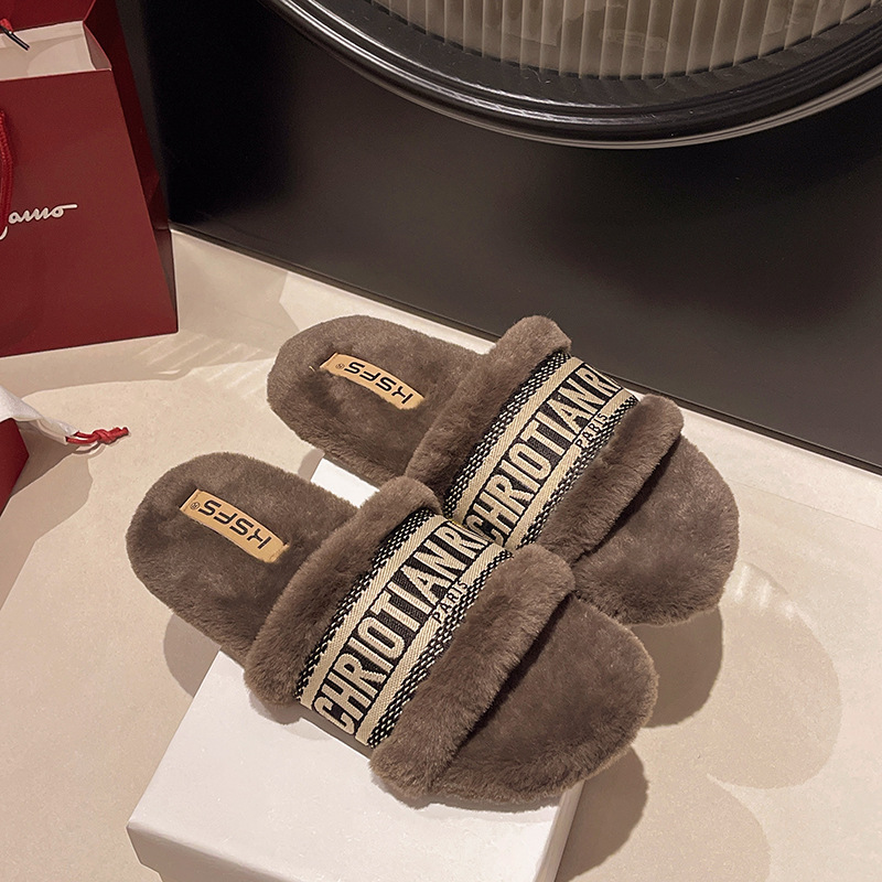 hot Free Shipping Designer slippers for womens flat slippers wihte black grey khaki New velvet warm flat embroidered cotton mop