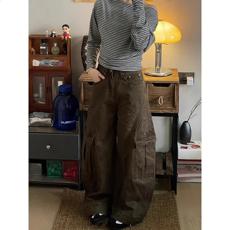 American Vintage 2000s Style High Waist Brown Jeans Pants 2025 Summer Womens Baggy Y2K Wide Leg Denim Trouser Female Clothes Z260313
