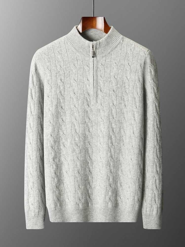 Autumn Winter Men Half Zippers 100 Merino Wool Sweater Thicken Twist Flower Pullover Retro Casual Cashmere Knitwear Solid TopsZ250918