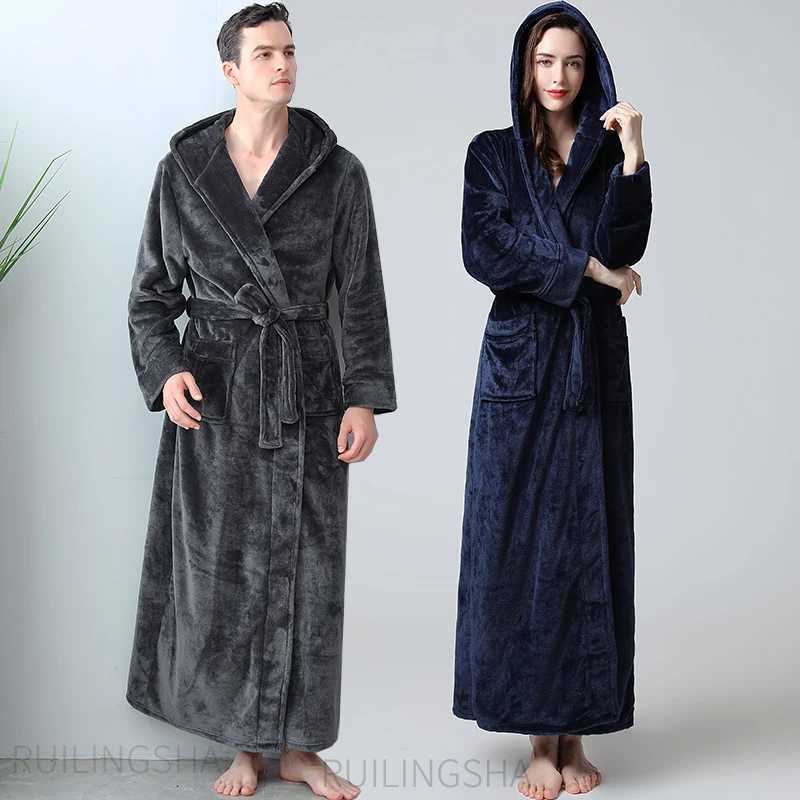 Women Winter Plus Size Super Long Warm Flannel Bathrobe Hooded Thick Coral Fleece Bath Robe Dressing Gown Men Sleepwear Robes G250918