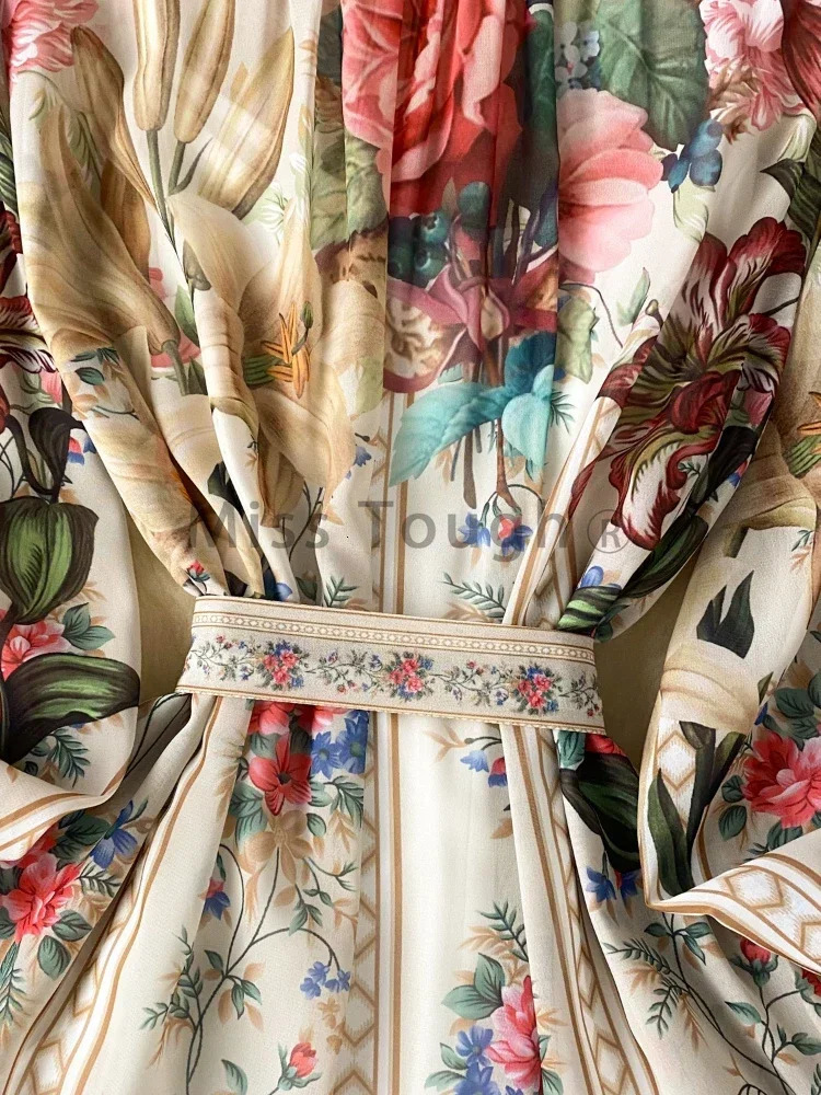 France Fashion Vintage Senior Print Dress Women Lantern Sleeve Single Breasted Ladies Clothes Elegant Lace Up n Dress 250917