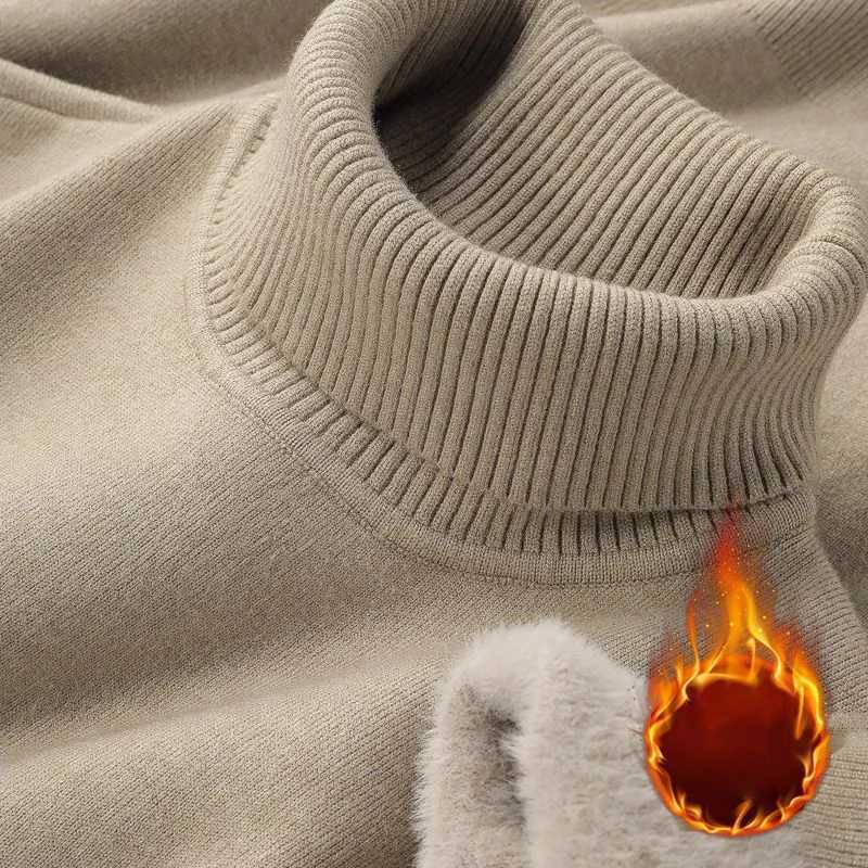 WeFine Autumn Winter Mens Turtleneck Sweater Knitted Warm Velvet Long Sleeve Casual Pullover Outdoor ColdProof Base SweaterZ250918