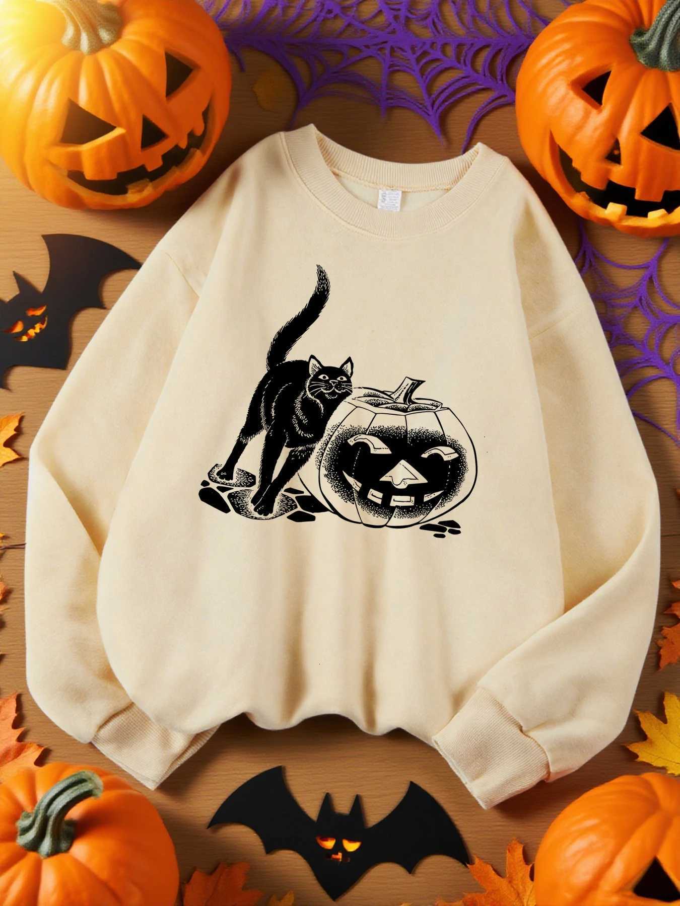 Black Cat And Pumpkin Lantern Prints Sweatshirt Woman Casual Fleece Sweatshirts ONeck AutumnTop Oversize Hip Hop SportswearsZ250918