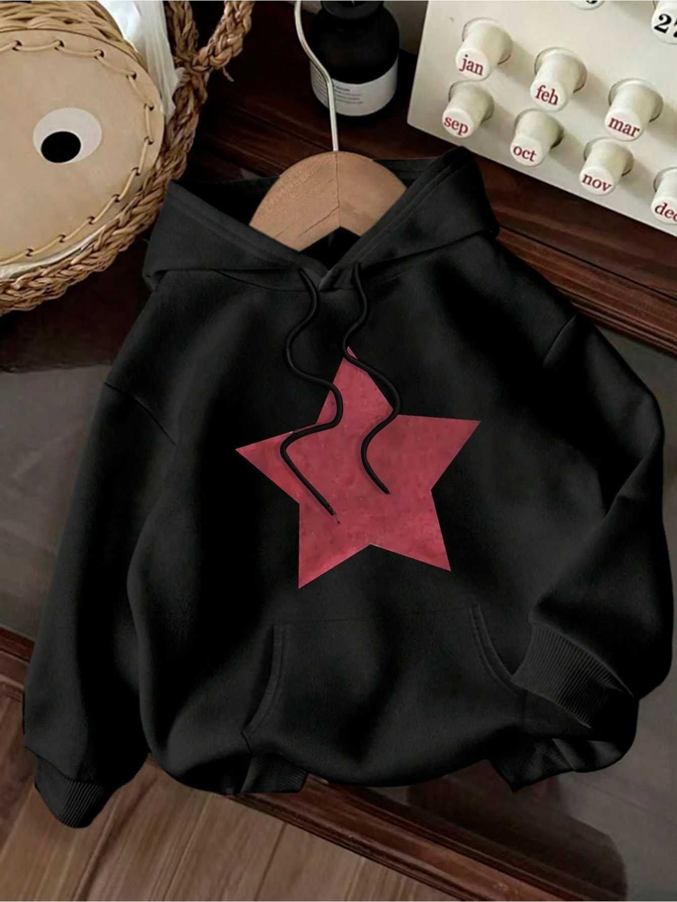 Retro Five Pointed Star Pattern Print 2025 Autumn winter Womens Hoodie Round Neck Long Sleeved Casual Womens ClothingZ250918