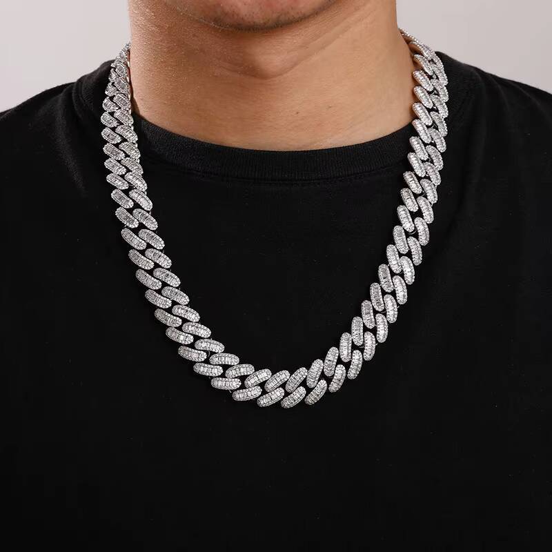 Baguette Diamond 16MM Cuban Link Chain Hip Hop White Gold Plated Miami Cuban Link Necklace Iced Out Chain for Men and Women