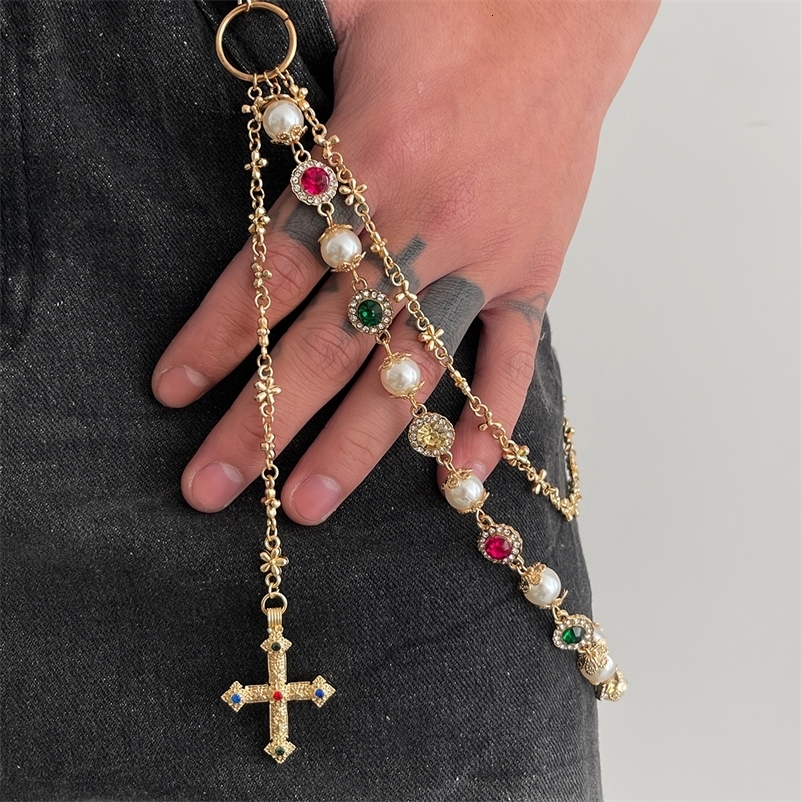 Salircon Exquisite Cross Pendant Imitation Pearl Keychain Belt Chain Men Women Punk Trousers Jeans Chain HipHop Jewelry 250917 - view 4