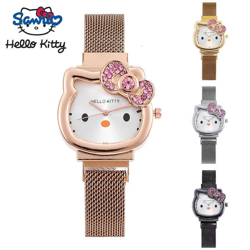 Sanrio Hello Kitty Diamond Watch Cat Bow Kawaii Pink Ladies Gold Sliver Metal Jewelry Cartoon Magnetic Watch Girlfriend Birthday L250918