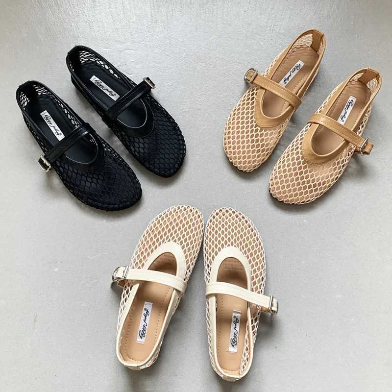 Women Knitted Air Mesh Flats Shoes Spring Summer Belt Buckle Ballerinas Ladies Fishnet Loafers Slip On Hollow Out Mary Janes W250918