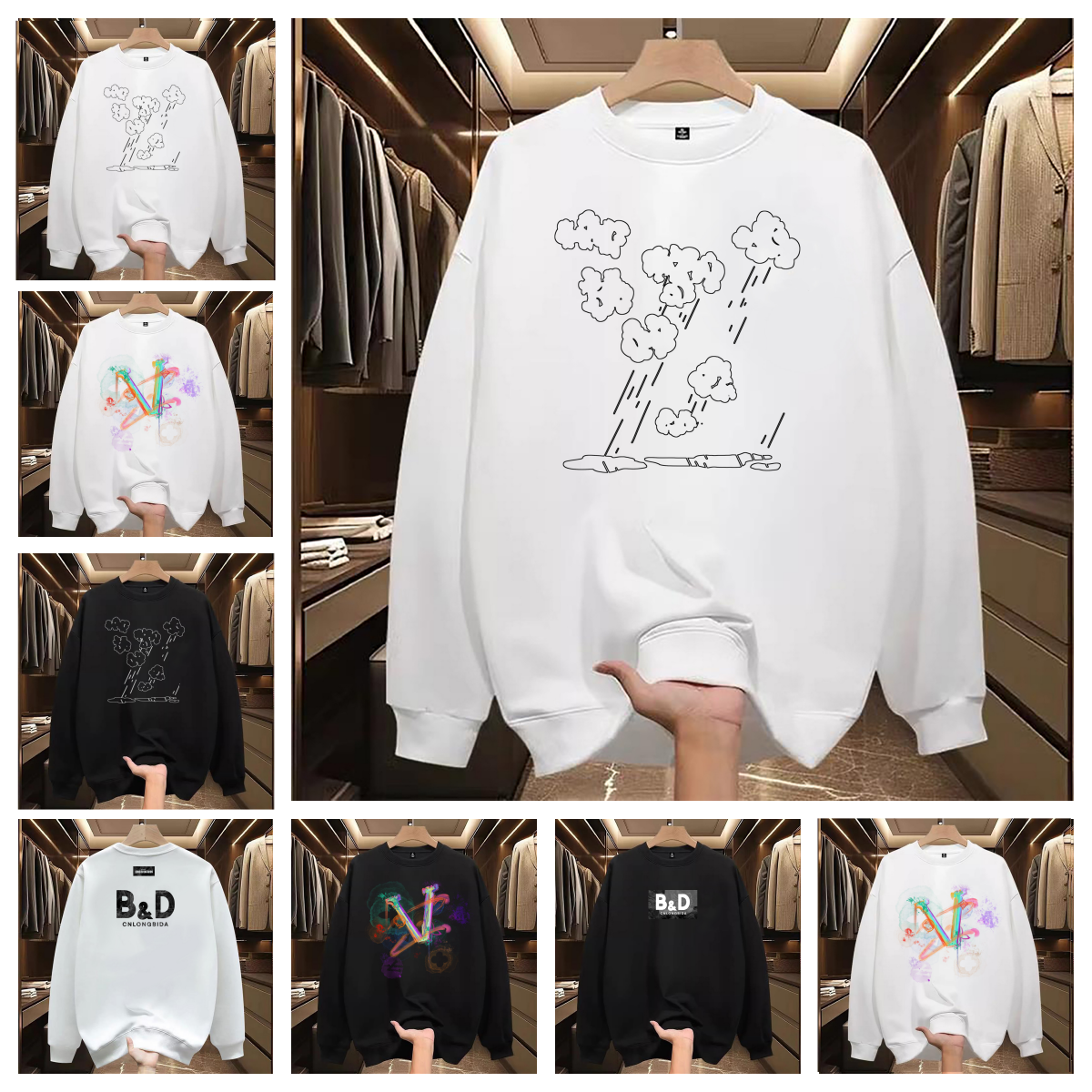 Men's Hoodies Round Neck High-end Black And White Pattern Printing For Warmth Sweatshirts For Men