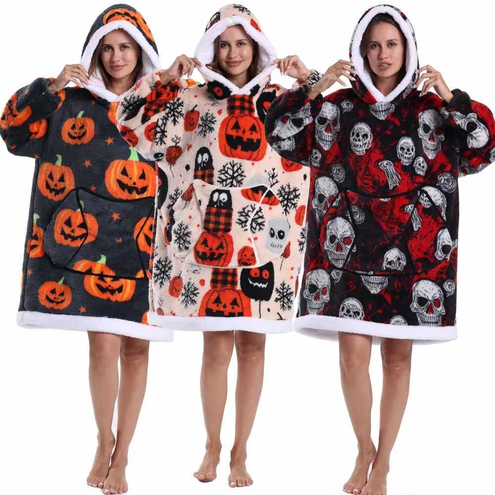 Halloween Winter Women Pumpkin Skull Warm Anime Hoodie Blanket Oversize Pocket Couple Loose Sweatshirts Mens Graphic HoodiesZ250918