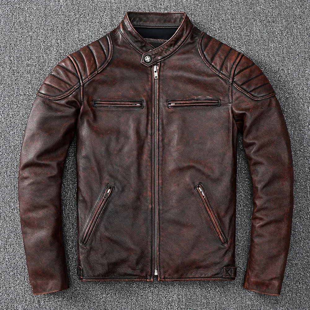 Vintage Style Mens Cowhide Clothes Biker Genuine Leather Jacket Fashion Brown slim coat men y250918