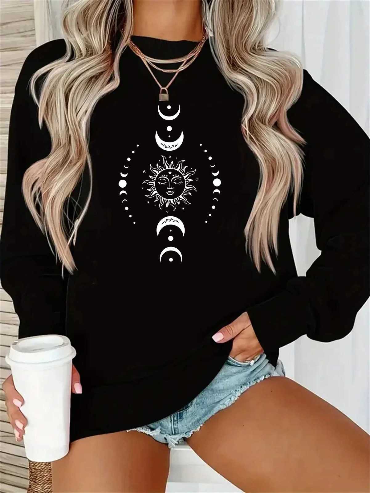 women Hoodies Celestial Moon Sweatshirt Womens Celestial Moon Stars Print Long Sleeve Round Neck Sweatshirt AllZ250918