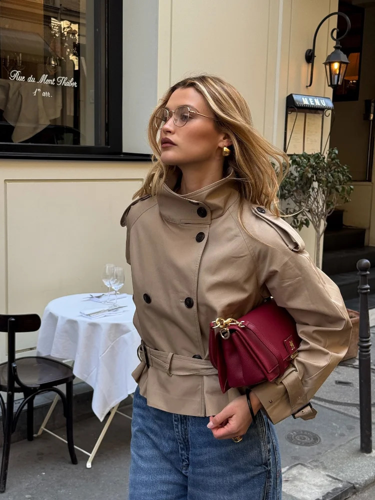 Fashion Solid Womens Cropped Trench with Belt Casual Long Sleeve Stand Collar Female Jackets 2025 Autumn Lady Coats Street 250918