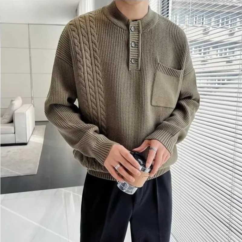 Knitwear with Pockets Mens Knit Sweater Solid Color Pullovers Male Loose Fit Top Long Sleeve Korean Style Clothing Deals 2024Z250918