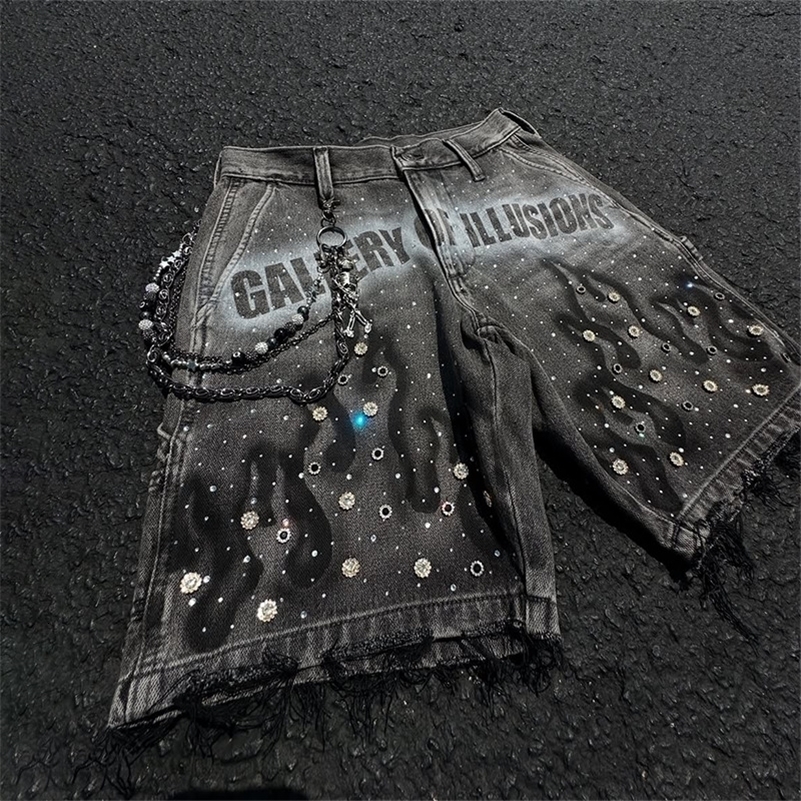 Y2K Fashion Distressed Jeans Retro Rhinestone Flame Pattern Printing Casual Washed Denim Shorts Men Women High Waist Streetwear 250917