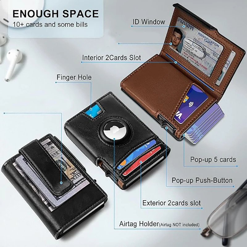 YAT Mens Genuine Pickup Bag RFID Anti Theft Brush Magnetic Tape Airtag Positioning Slot Automatic Pop up Metal Wallet 250918