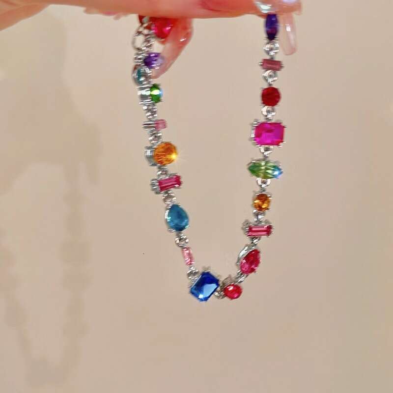 Sweetheart Candy Colorful Crystal Zircon Necklace Light High-end Heart Rainbow Clavicle Chain for Women Ins Niche Trend