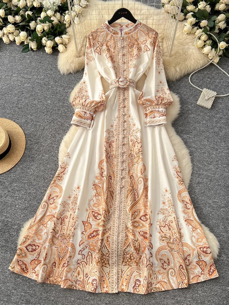 Spring France Elegant Vintage Evening Dress Women Print Sashes Button Long Party Dress Female Festival Clothing 250917