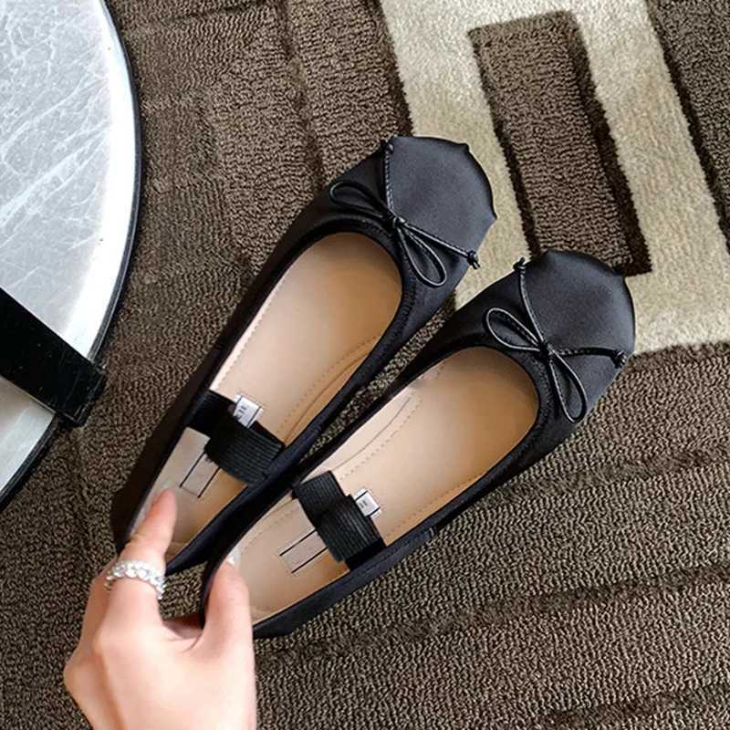 Elastic Band Silk bowtie ballet flats women round toe pink bow loafers soft bottom mary janes female silk big size 43 W250918