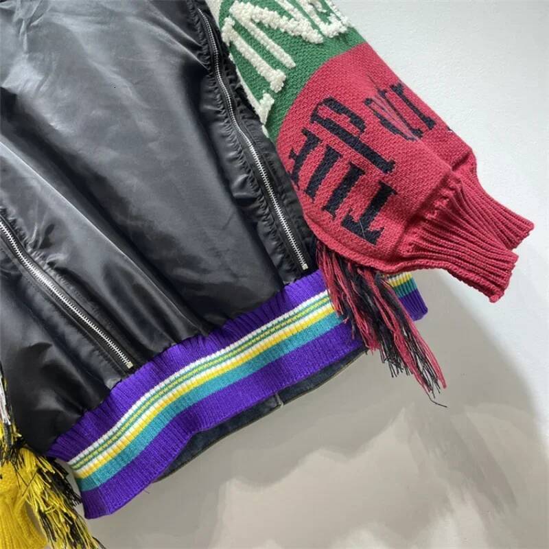 Women Letters Badges Embroidery Denim Coat Woven Spliced Sleeve Sweater Tassels Jeans Jacket Streetwear Cardigan Tops Jackets dongdumaoyi