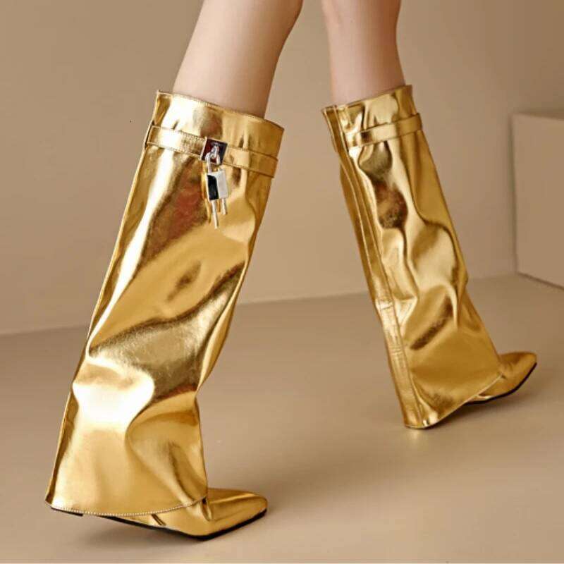 Sexy Wedge Knee High Boots for Women Turned-over Sier Gold Long Boot Heels Party Shoes Lady Big Size 48 Footwear