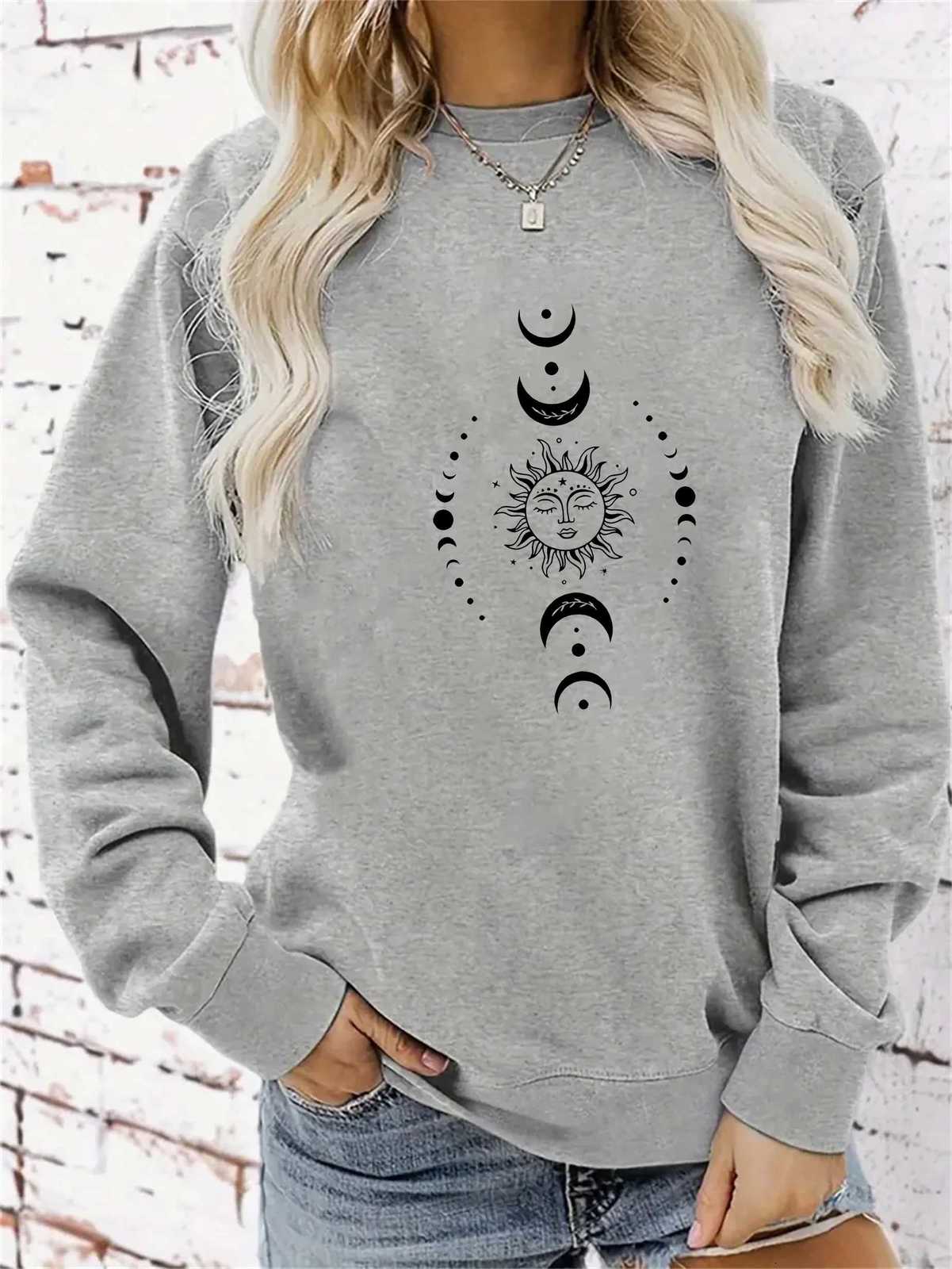 women Hoodies Celestial Moon Sweatshirt Womens Celestial Moon Stars Print Long Sleeve Round Neck Sweatshirt AllZ250918